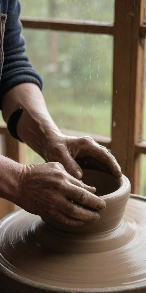 Close-up of a pair of hands shaping clay on a pottery wheel, soft natural light from a nearby window illuminating the wet clay, with splatters of mud on the surrounding surface.