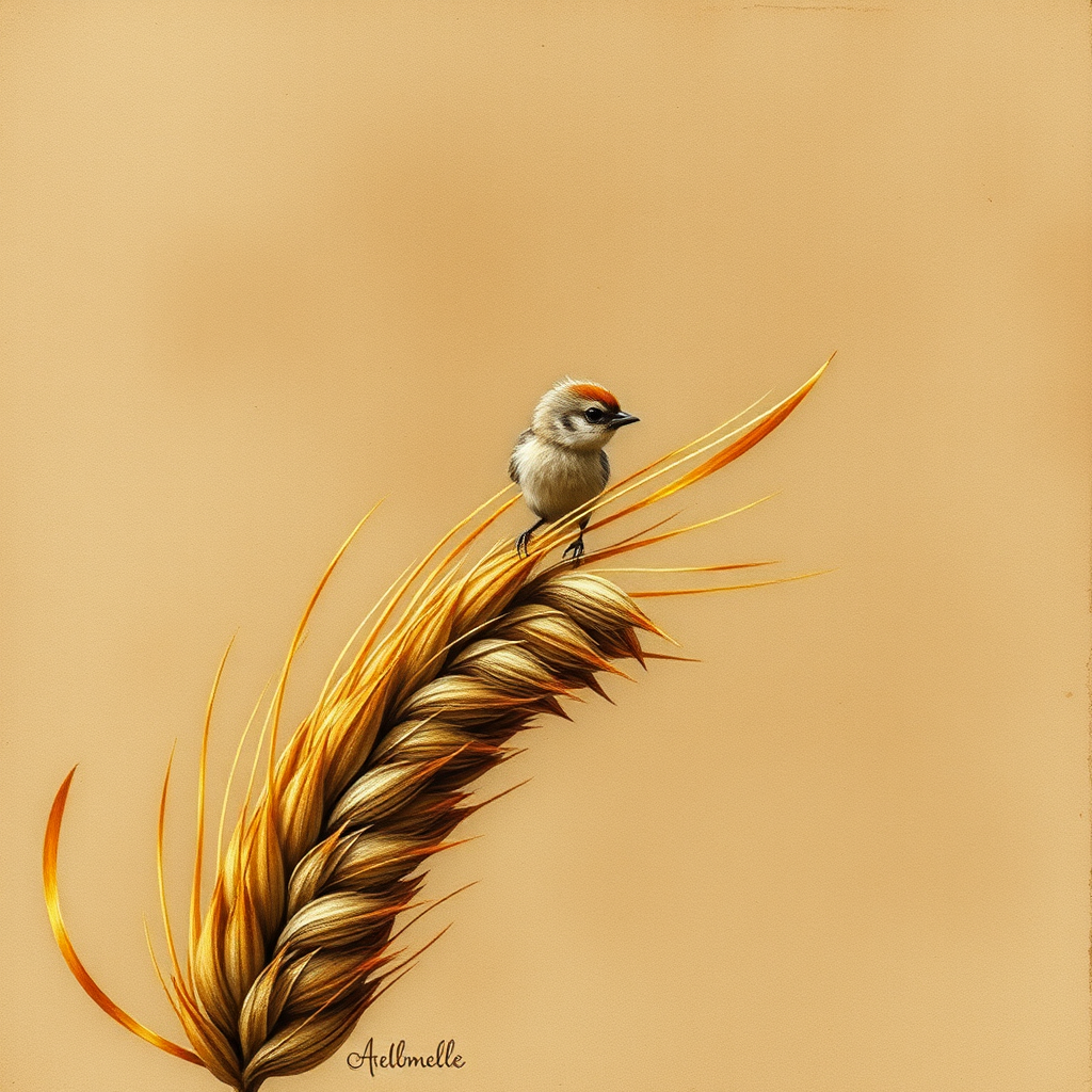 Soft, muted Alcohol Ink with ebru effect background image of tiny whimsical gazalle, who climbed high on the top of a golden rye ear.