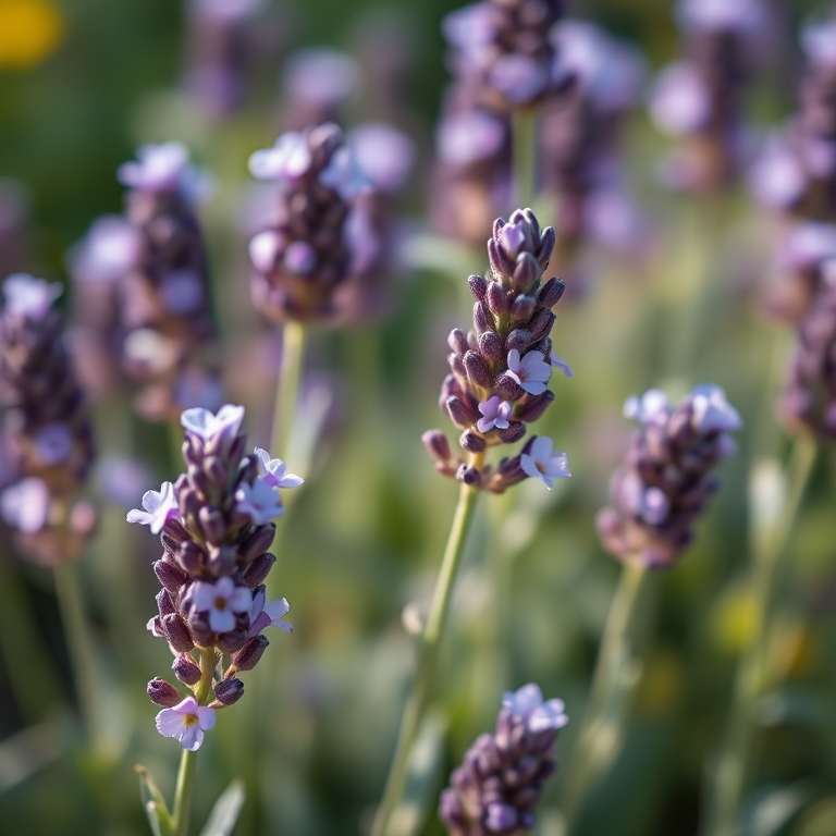 Lavender flowers in full bloom with a macro lens, aperture f/2.8, ISO 100, 50mm lens, natural lighting, shallow depth of field for background blur.