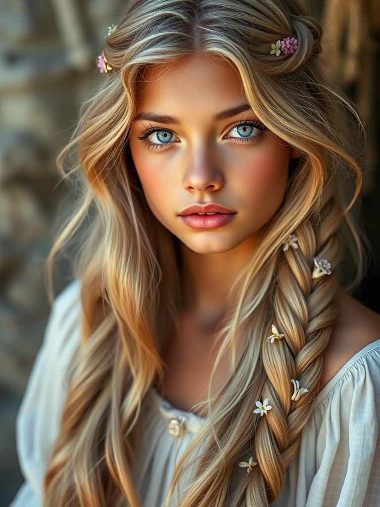 Create an image of a young Indian woman with long, wavy blonde hair, adorned with small, colorful flowers woven into her braids and loose strands. Her complexion is fair, with soft, glowing skin, and she has light blue eyes that gaze softly at the viewer. She wears a light, flowing dress with a gentle, ethereal quality, complementing her delicate and serene appearance. The background is slightly blurred, drawing focus to her tranquil expression and the intricate details of the flowers in her hair. The overall mood of the image is one of natural beauty and grace, evoking a sense of peacefulness and connection with nature.