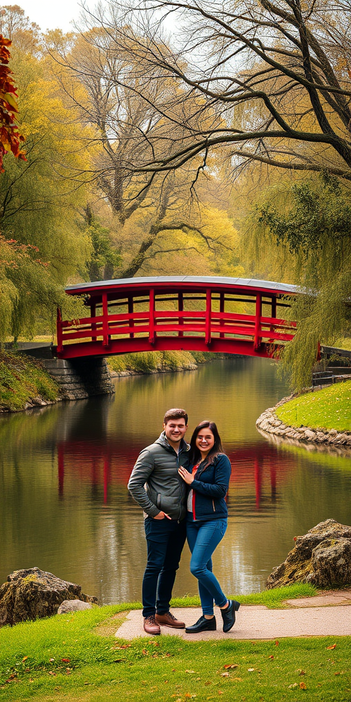 Capture a serene park scene featuring a red bridge over a tranquil river, with two people smiling and taking photos, surrounded by lush green trees and autumn foliage, using a Canon EOS R5, 85mm lens, f/1.8 aperture, ISO 100, and a shutter speed of 1/200 seconds to enhance depth of field and image clarity.