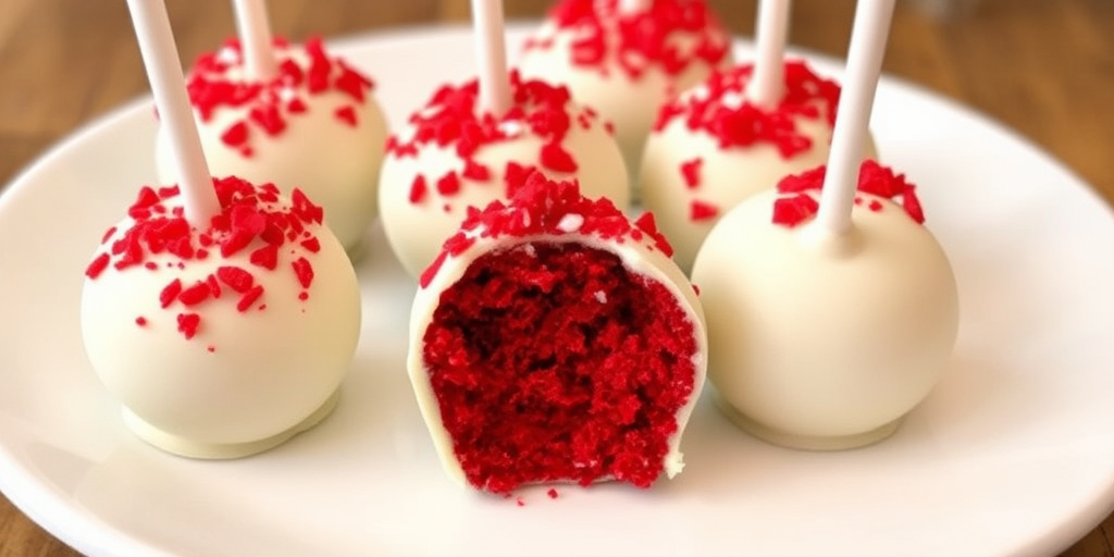 Red velvet cake pops coated in white chocolate with red crumbs on top arranged on a white plate some are whole and one is bitten showing the red interior.