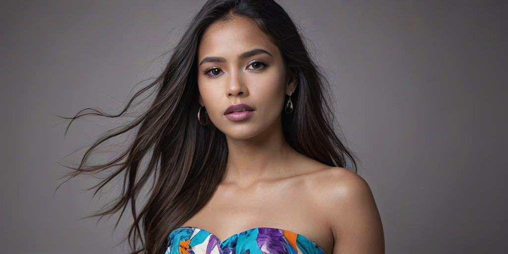 Photographic image of a beautiful young Guarani woman, white eyes, lips with cyan lipstick, long hair fluttering in the wind and wearing a silk strapless dress with a soft purple and orange print. monochrome image with only color highlights in the iris of the eyes, lipstick and dress. Gray background.