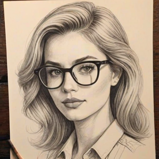 Attractive Demi Burnett, pencil sketch, portrait of Lovely woman 1978s in glasses, hair style beatnik, outline, clear lines, fine lines, 8k