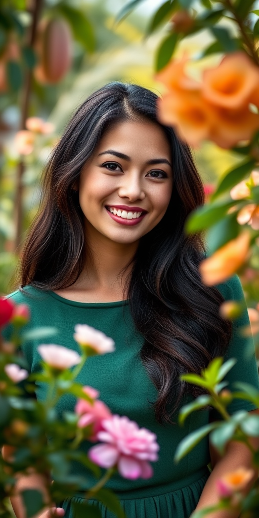 portrait of a smiling woman with long dark hair in a green dress, framed by flowers and foliage in a serene garden setting, shallow depth of field, f/1.8 aperture, 85mm lens, natural light, taken with a DSLR camera.