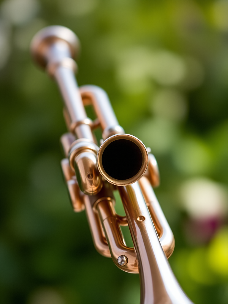 Create a high-resolution image of a detailed trumpet, shot with a 50mm lens at f/2.8, ISO 200, in natural light, with a shallow depth of field for a soft background, using a DSLR camera.