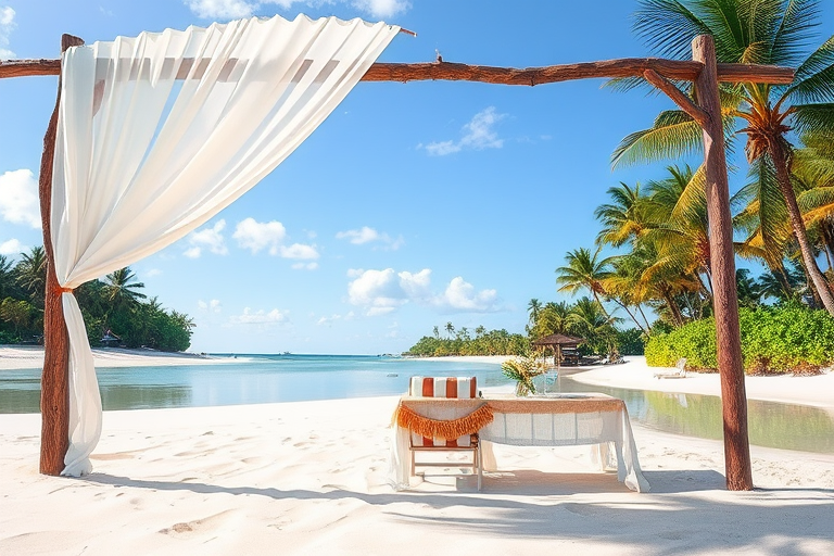 Create a picturesque tropical beach scene featuring a serene, white sandy shore. In the foreground, there's a rustic wooden canopy with white drapes gently flowing in the breeze. Underneath the canopy, a table is set with tropical decor, evoking a sense of relaxation and leisure. The beach extends into a calm, shallow water area with reflections of the sky and surroundings. Palm trees and lush greenery line the edge of the beach, providing a natural, tropical backdrop. The sky is clear with a few scattered clouds, and the overall atmosphere is tranquil and inviting, perfect for a peaceful retreat.