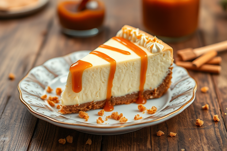 A slice of creamy cheesecake with a caramel drizzle on top served on a decorative white plate with crushed toffee bits sprinkled on it, accompanied by a jar of caramel sauce in the background, all set against a rustic wooden table.