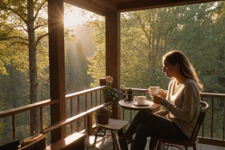 Warm, intimate image of a couple sipping coffee together on a cozy balcony, soft sunlight filtering through the trees, distant birds flying overhead, and the smell of fresh morning brew.