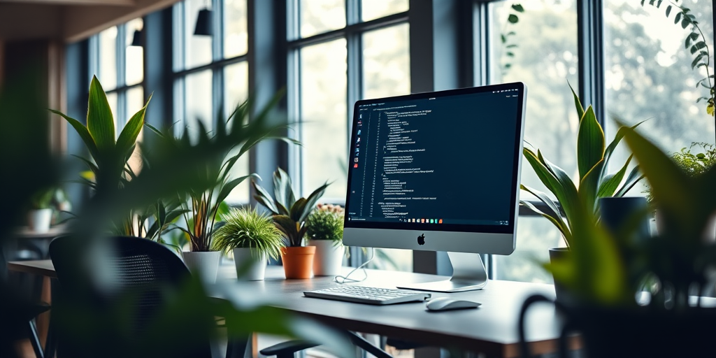 a modern workspace with a desktop computer displaying code on the screen, surrounded by indoor plants, natural light streaming through large windows, shallow depth of field, f/2.8 aperture, 50mm lens, ISO 100, soft focus background, bright and vibrant colors