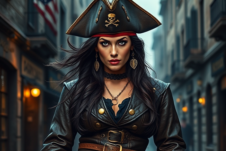 Create a portrait of a fierce female pirate. She wears a leather tricorn hat adorned with a skull and crossbones emblem, and her long, dark hair flows around her face. Her outfit consists of a richly detailed leather jacket, a corset, and multiple layers of belts and accessories, giving her a formidable and stylish appearance. She stands confidently in a dimly lit, historic port town, with a backdrop of weathered buildings and cobblestone streets, capturing the adventurous spirit of a pirate.