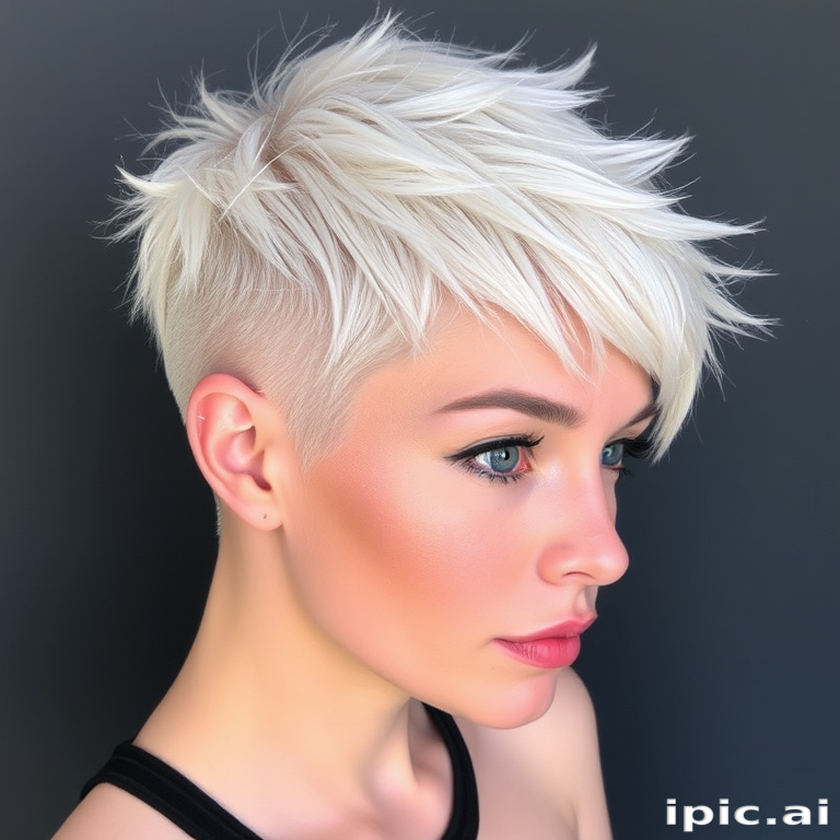 Striking platinum blonde pixie cut called "Frosted Stardust" features razor-sharp edges and textured layers, accented with holographic glitter for a futuristic celestial appearance