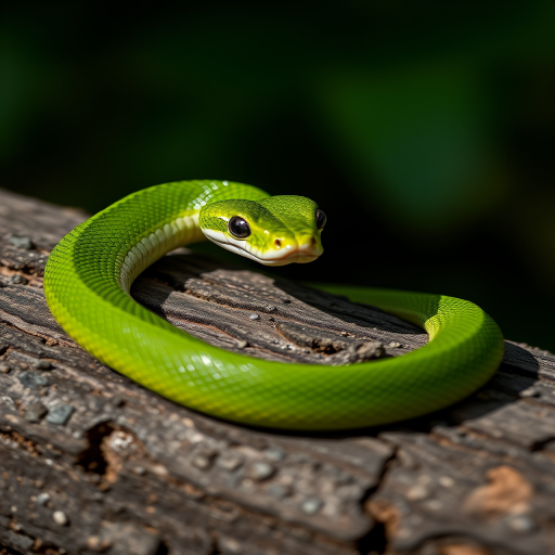 Capture a close-up shot of a green tree snake coiled on a textured log, using a Canon EOS R5 with a 50mm f/1.2 lens at f/2.8, ISO 200, and a shutter speed of 1/100s in natural light to enhance the details and colors of the snake.