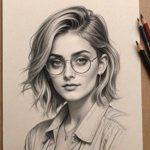 Alluring Paris Jackson, pencil sketch, portrait of Exquisite woman 1927s in glasses, hair style beatnik, outline, clear lines, fine lines, 8k