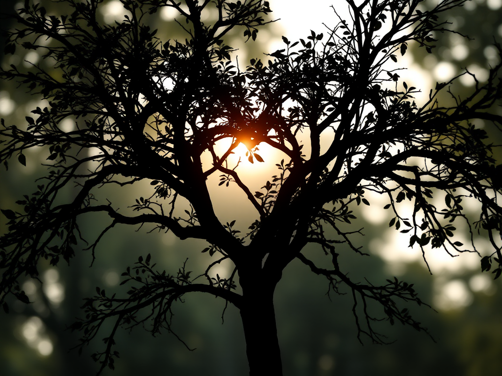 Create a high-resolution silhouette of a heart-shaped tree with intricate branches and leaves, using a Canon EOS 5D Mark IV, 50mm lens, aperture f/1.8, ISO 100, in soft natural lighting to enhance details and contrast.