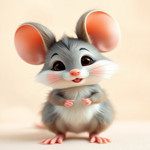 Create a cute, fluffy cartoon mouse character with large ears and a cheerful expression, set against a soft beige background, captured with a DSLR camera at f/2.8, 50mm lens, portrait view, soft focus style for enhanced quality.