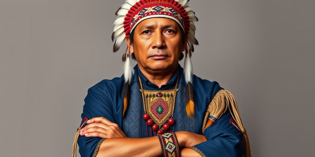 Create a dignified portrait of a Native American man dressed in traditional attire. He wears a beautifully crafted headdress adorned with white feathers and red beads, along with a beaded headband featuring intricate patterns. His clothing includes a deep blue, patterned shirt and a traditional chest piece with detailed beadwork. His arms are crossed, displaying leather armbands decorated with feathers. The background is simple and neutral, emphasizing his proud and stoic expression. The overall image captures the rich cultural heritage and strength of his persona.