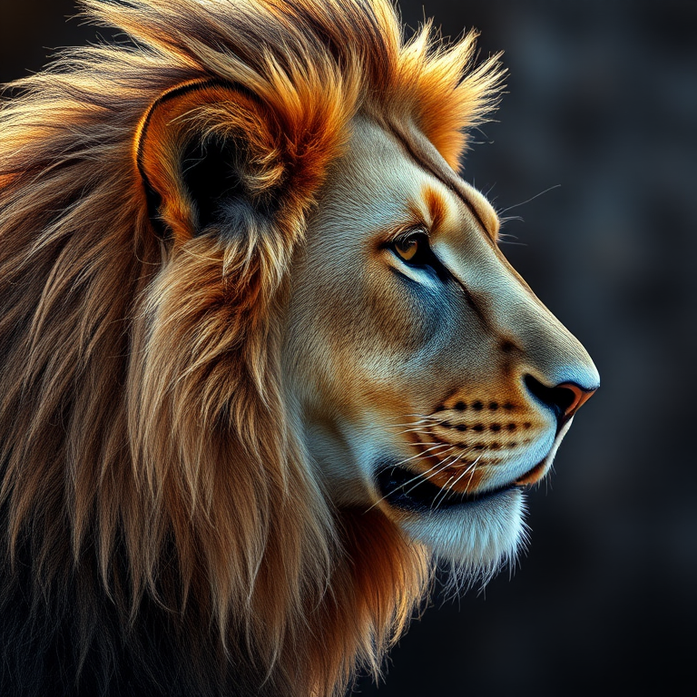 High-resolution portrait of a lion in profile, showcasing detailed fur texture and expressive eyes, with dramatic lighting, shot with a DSLR camera at f/2.8 aperture, 50mm lens, ISO 100, in natural light for enhanced contrast and sharpness.