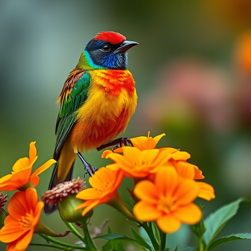 capture a vibrant bird perched on colorful flowers with a shallow depth of field, Nikon D850, 85mm f/1.4 lens, aperture f/2.8, ISO 200, natural lighting, soft bokeh background