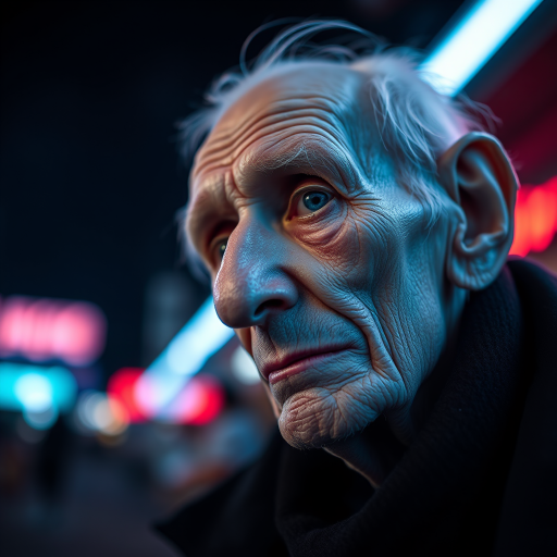 create a close-up perspective view fine art photography contemporary style of an elderly worn albino’s face with a soft, candid expression on a blurred sky black light background.Showcasing a modern style characterized by vibrant blacklight tones, using dramatic lighting and soft gradients to create a fine art atmosphere. The focus is on the light and facial features. motion light blur, neon backlit