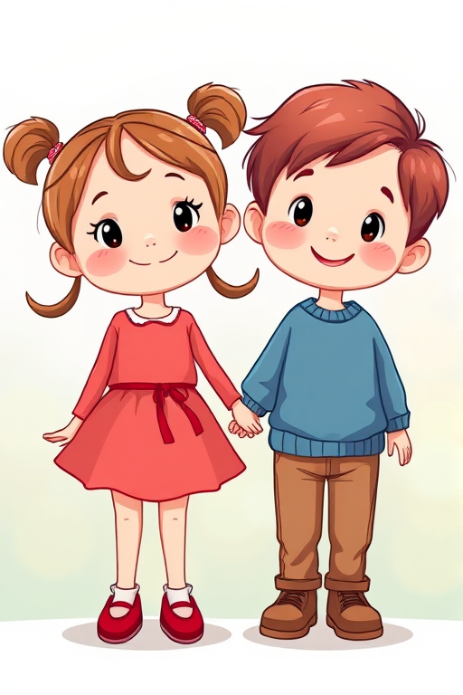 Generate a vibrant illustration of two cartoon children holding hands, one wearing a red dress with a pink skirt and red shoes, the other in a blue sweater and brown pants, in a bright and cheerful style, using a digital art approach, with high resolution and bright colors, simulating a DSLR camera effect with f/2.8 aperture for a shallow depth of field.