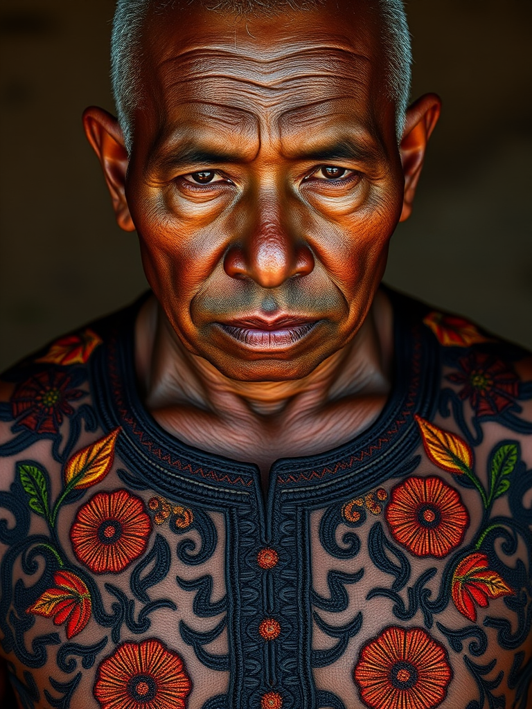 Face, shoulders, chest covered in openwork Pacific Islander embroidery. Raw, unedited image.