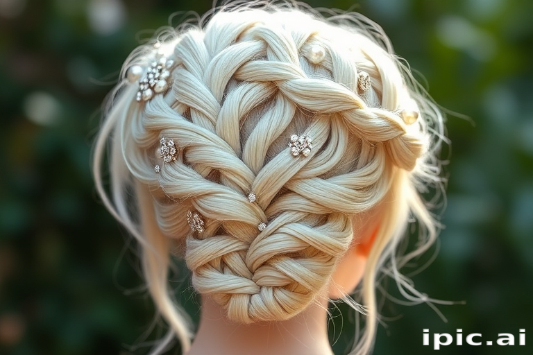 Ethereal Moonbeam Halo braid showcasing a crown of intricately woven platinum blonde hair, accented with shimmering pearl and crystal hair accessories
