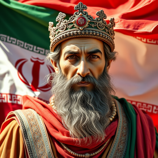 Create an image of a historical figure resembling an ancient Persian king, combined with a flowing Iranian flag in vibrant colors, using a DSLR camera, aperture f/4, ISO 100, 50mm lens, captured in high resolution with soft natural lighting.