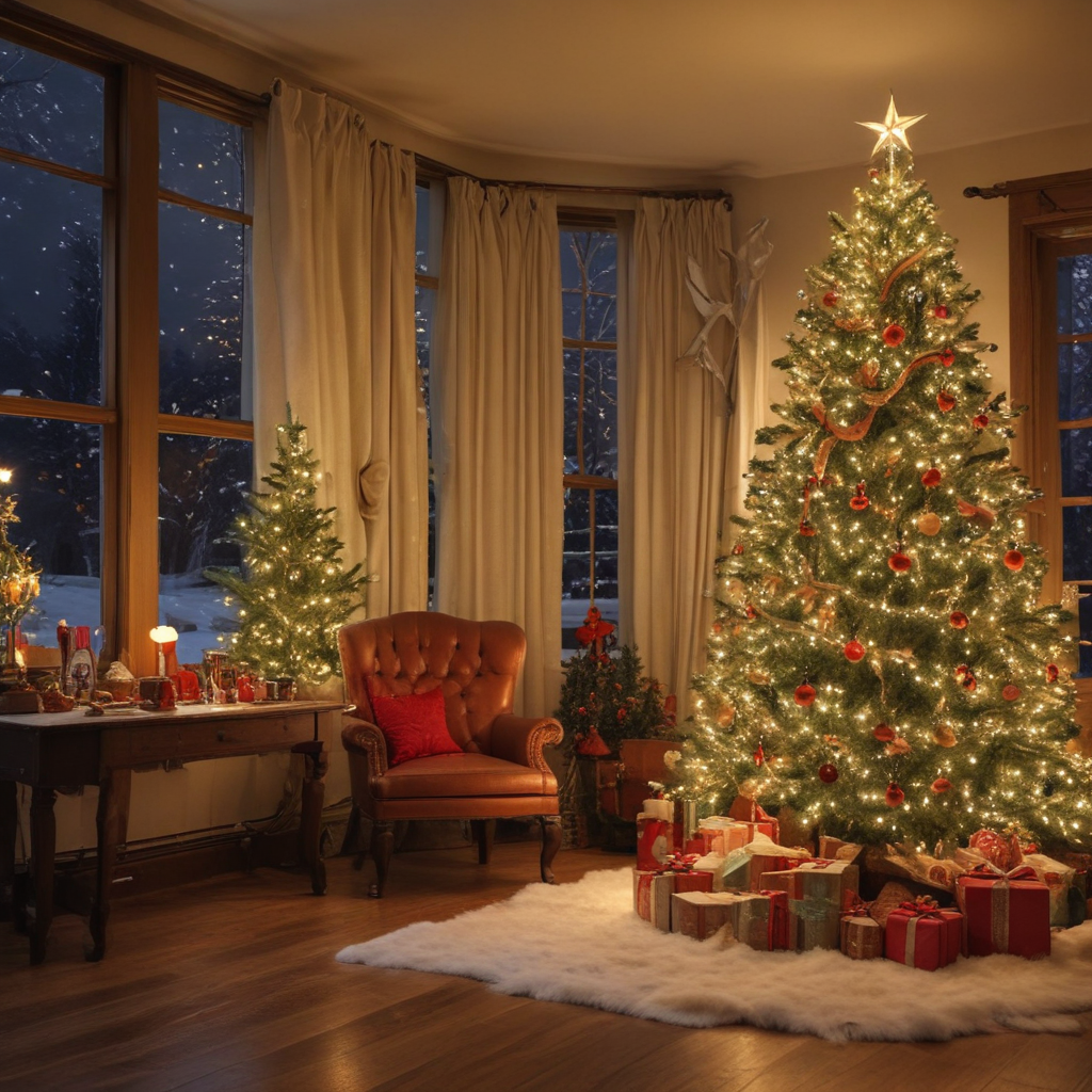 A Cozy Holiday Living Room Adorned with a Beautiful Christmas Tree.