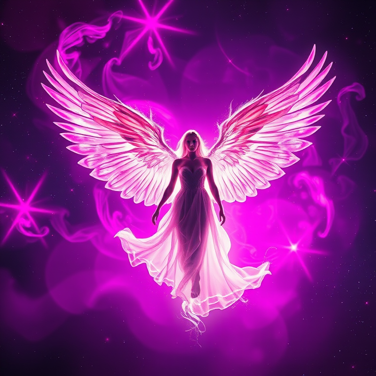 Create an ethereal image of a glowing figure with large wings, surrounded by vibrant swirls of pink and purple light in a cosmic background, using a Canon EOS R5 with a 50mm lens at f/1.8, ISO 100, 1/200s, shot from a slightly low angle to emphasize the figure's grandeur and the dynamic motion of the lights.