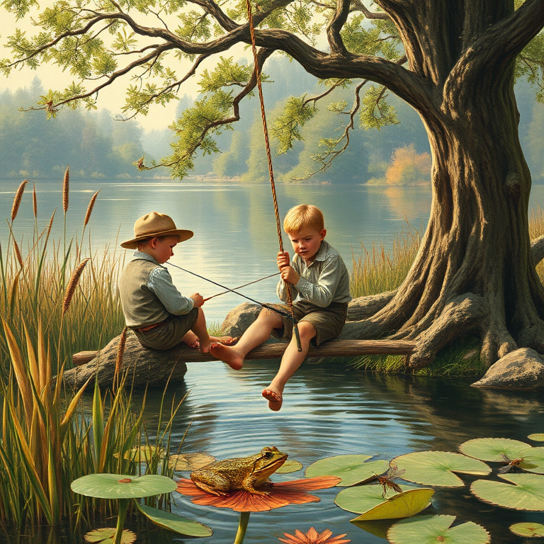 Imagine a small group of old fashioned young boys out fishing by the creek, a swing hanging from a tree branch, reeds and grasses by the water's edge, a frog sitting on a lily pad, dragonflies hovering over som water plans, a very iconic old fashioned scene reminiscent of a Norman Rockwell painting style
