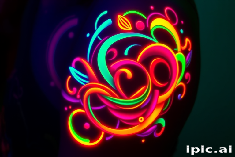 Neon glow tattoo named "Electric Dreams" featuring bright, fluorescent colors that seem to pulse and shimmer under UV light, with abstract shapes and swirling patterns reminiscent of cyberpunk aesthetics and retro-futuristic designs