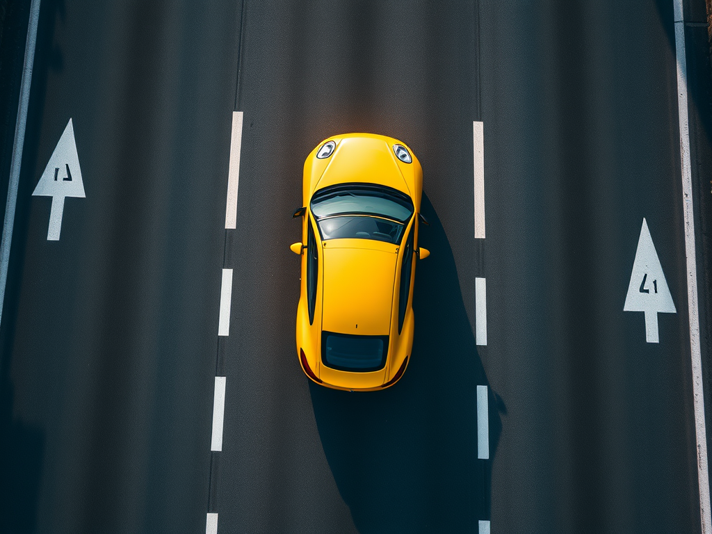aerial view of a yellow car driving on a road with white arrows, bright daylight, f/8 aperture, ISO 100, 1/200 sec shutter speed, DSLR camera, wide-angle lens