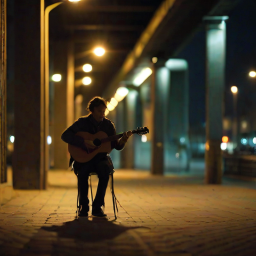 Blurry candid shot of a street musician playing a guitar under a bridge, soft light from nearby streetlamps casting long shadows, with distant pedestrians walking by in the night.