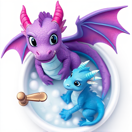 Create a colorful cartoon scene featuring a purple dragon with a pearl necklace giving a bath to a blue dragon in a bubble-filled tub, set against a simple white background, with a soft focus effect, using a DSLR camera, 50mm lens, f/2.8 aperture, ISO 200, and an overhead top-down view for a whimsical perspective.