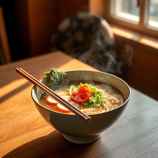 Warmly lit photo of a steaming bowl of ramen on a wooden table, with soft natural light from a nearby window highlighting the vibrant colors of the vegetables and a pair of chopsticks resting on the edge.