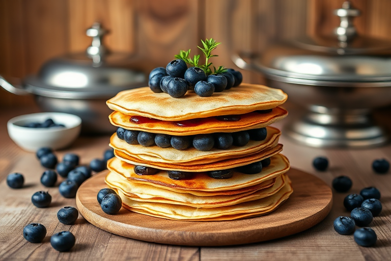 A beautifully layered cake made of thin pancakes with a vibrant blueberry filling topped with fresh blueberries and a small green plant, presented on a rustic wooden table with additional blueberries scattered around. The background features a wooden wall and a silver serving dish, creating a cozy atmosphere.