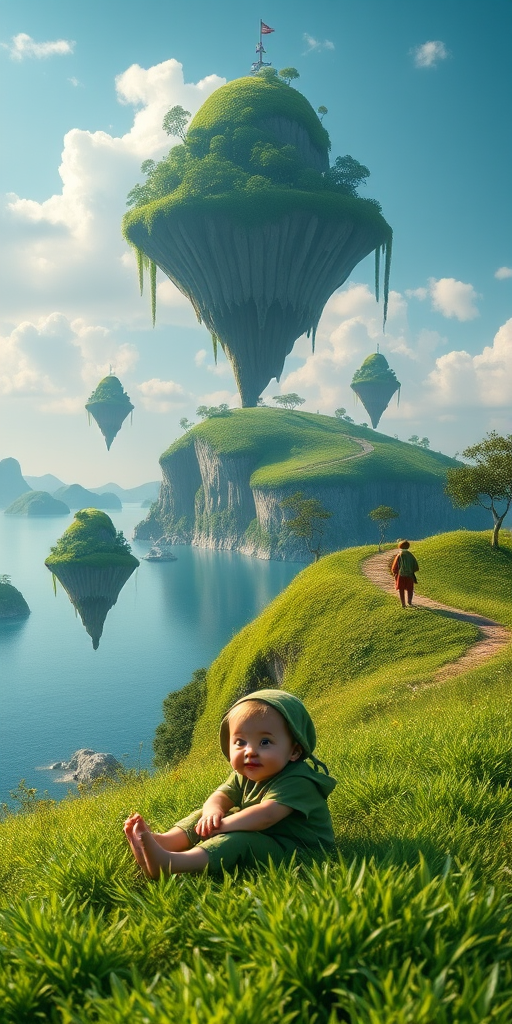 Create a whimsical fantasy landscape featuring a lush green island with floating landmasses in the background, a serene lake in the foreground, and a child-like character in a green outfit lying on the grass, and another character in a similar style standing on a path, use a Canon EOS R5 camera set to ISO 100, f/2.8, 1/125s, shot from a low angle with a wide-angle lens to enhance depth and vibrancy.
