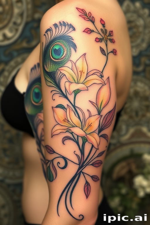 Art nouveau-inspired tattoo titled "Whimsical Whispers" featuring flowing, organic lines and natural motifs such as peacock feathers and lilies, with delicate pastel colors and gold leaf accents
