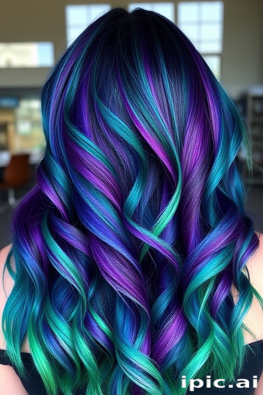 Vibrant peacock-inspired ombré flowing from deep teal to rich purple and ending in emerald green tips, styled in loose waves dubbed "Exotic Plumage" celebrating nature's beauty