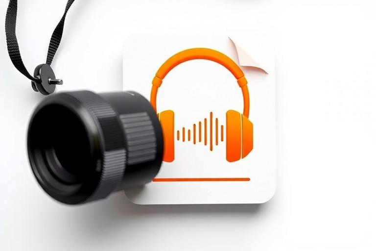 Create a high-resolution image of an MP3 file icon featuring an orange headphone graphic with sound waves, using a DSLR camera with a 50mm lens at f/1.8, ISO 100, 1/200 sec exposure, in a flat lay style on a white background.