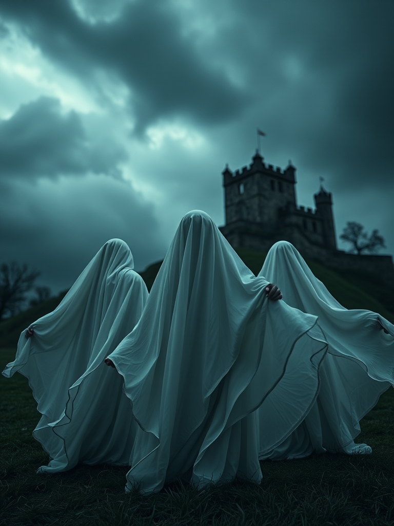 Regenerate an ethereal scene of ghostly figures shrouded in flowing white fabric, set against a dark, stormy sky with faint silhouettes of an ancient castle in the background, use a Nikon D850 with a 24-70mm lens at f/8, ISO 200, 1/60s exposure, shot from a low angle to emphasize the height of the figures while capturing moody atmospheric lighting.