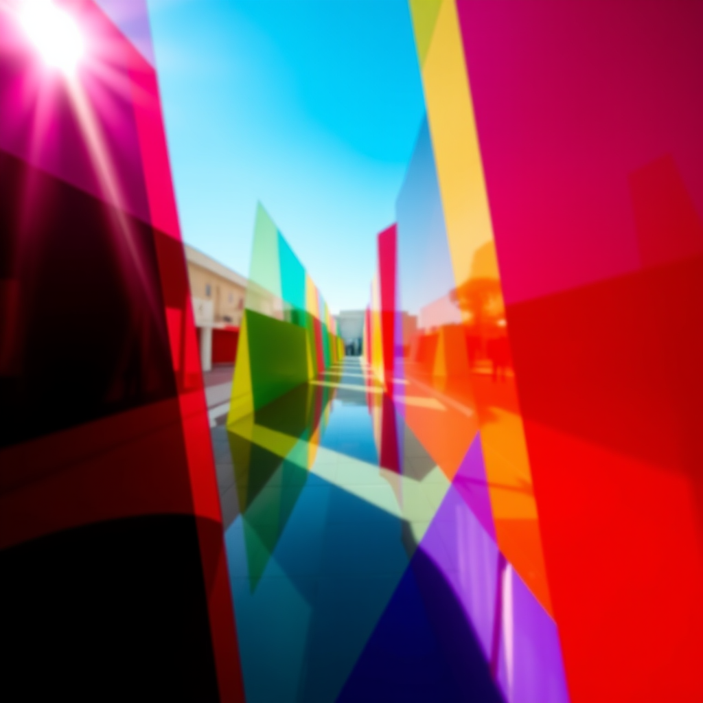 Create an abstract digital artwork featuring vibrant colors and geometric shapes, using a Canon EOS R5 with a 50mm f/1.2 lens, aperture set to f/2.8, ISO 100, shutter speed 1/200s, captured from a slightly elevated front view in bright, natural lighting for enhanced clarity and detail.