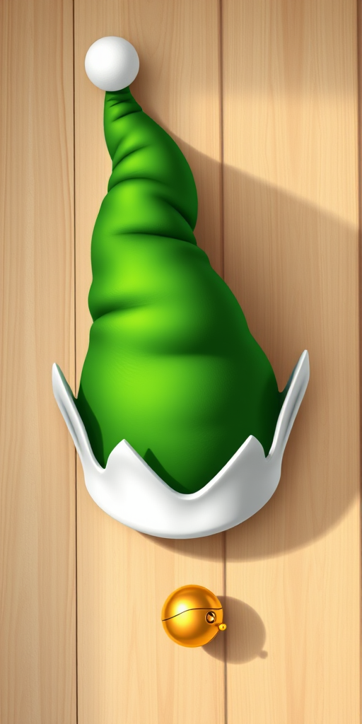 Create a high-resolution illustration of a whimsical green elf hat with a white trim and a golden bell at the tip, captured with a DSLR camera at f/2.8 aperture, ISO 100, 50mm lens, top-down view, using soft natural lighting for an inviting and festive vibe.