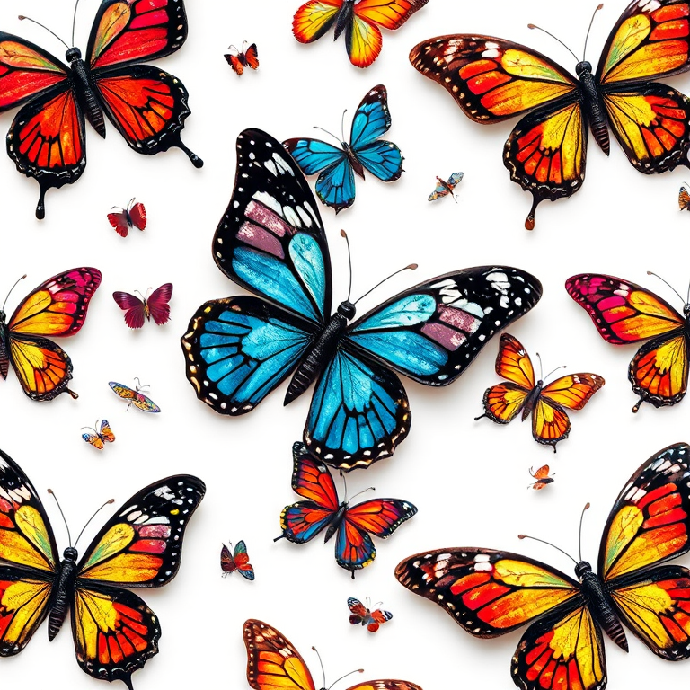 Create a seamless pattern of intricately designed butterflies with colorful wings and whimsical details on a white background, shot with a Canon EOS R5 using a 50mm lens, aperture f/4, ISO 100, and a soft light setup to enhance texture and color vibrancy.