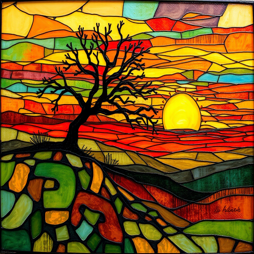 A vibrant abstract painting on Tiffany Glass, blending acrylic and alcohol ink techniques, captures a dramatic sunset over rolling hills. The artwork features a textured, rocky foreground in green and brown, layered abstract hills, and a striking sunset in rich oranges, yellows, and reds. A solitary black tree with intricate branches contrasts against the fiery sky, creating a dynamic and expressive portrayal of a breathtaking natural scene.