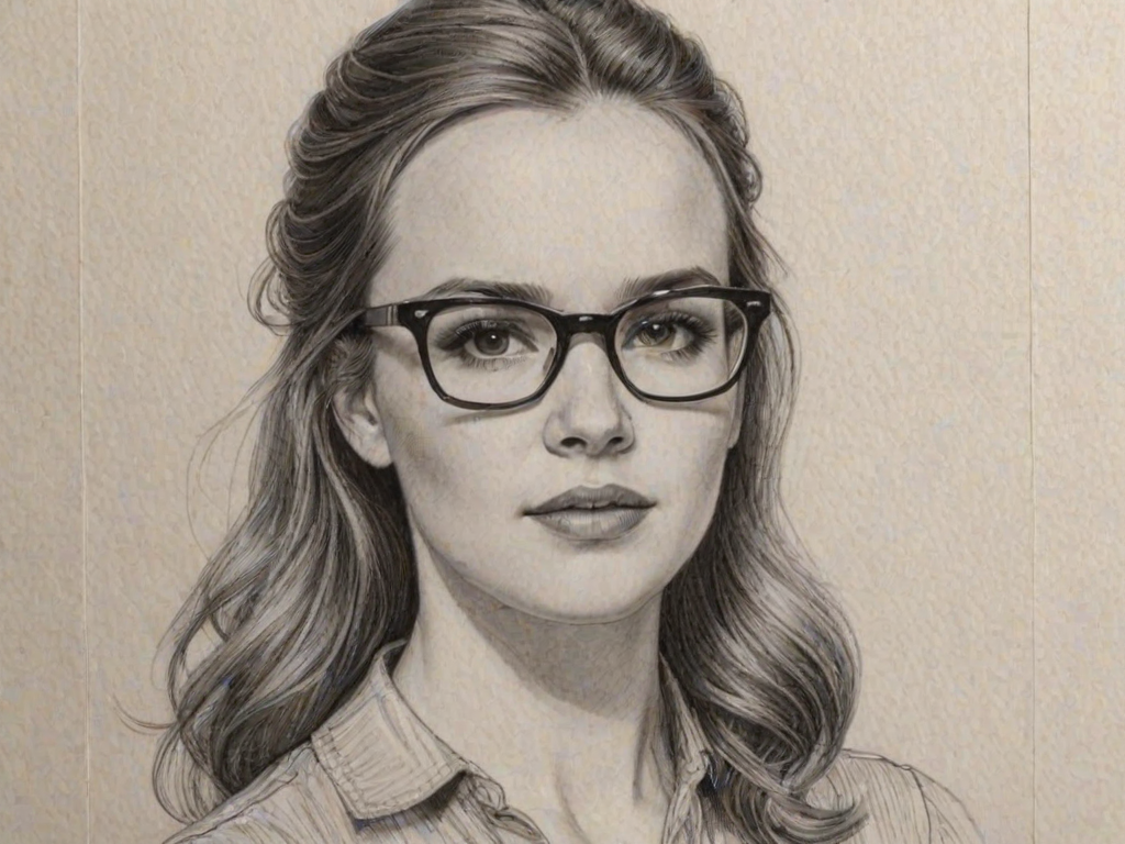 Exquisite Kay Panabaker, pencil sketch, portrait of Magnificent woman 1962s in glasses, hair style beatnik, outline, clear lines, fine lines, 8k