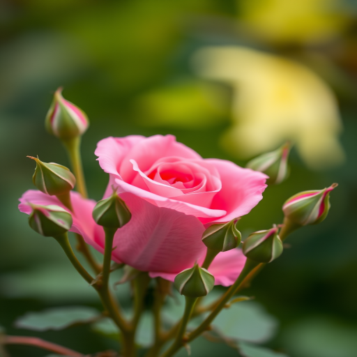 Capture a soft-focus macro shot of a pink rose surrounded by budding flowers, with a blurred green background, using a DSLR camera at f/2.8, 1/200s shutter speed, ISO 100, and a 50mm lens for enhanced depth of field and color vibrancy.