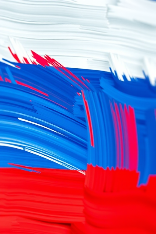 Create a high-resolution abstract representation of the Russian flag using vibrant brush strokes, captured with a DSLR camera at f/8 aperture, ISO 100, 24mm focal length, in natural light with a slight tilt-shift effect for artistic depth.