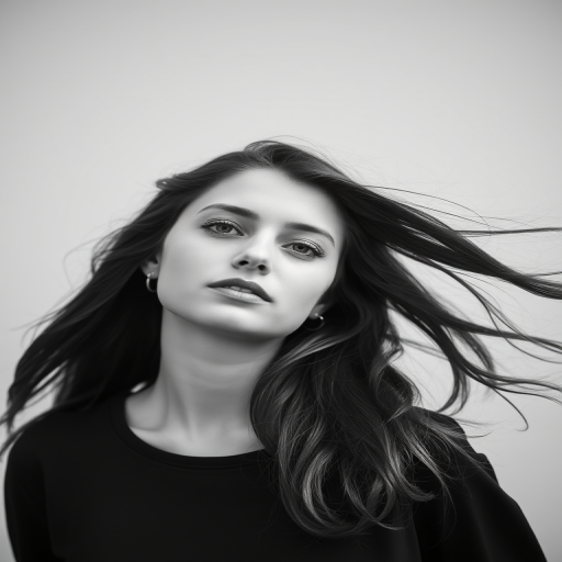 create a high-contrast black and white portrait of a young woman with flowing hair against a light gray background, using a DSLR camera with a 50mm lens, f/1.8 aperture, ISO 100, capturing in natural light for soft shadows and detailed textures